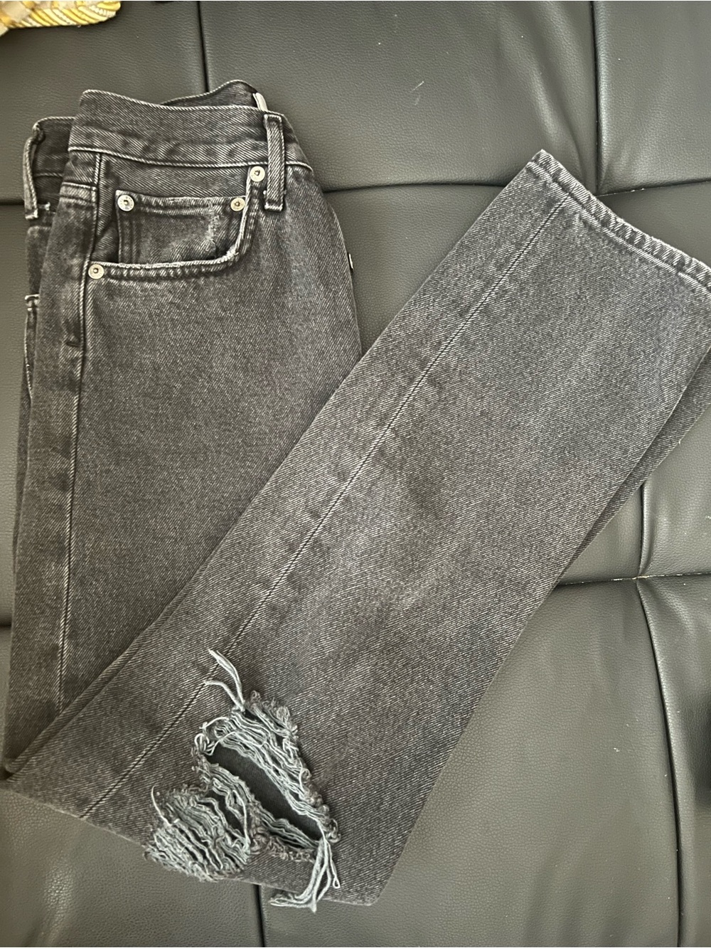$10Gift🦊New AGOLDE Dark grey charcoal High-RiseDistressed Straight Jeans waist24 - Picture 3 of 15
